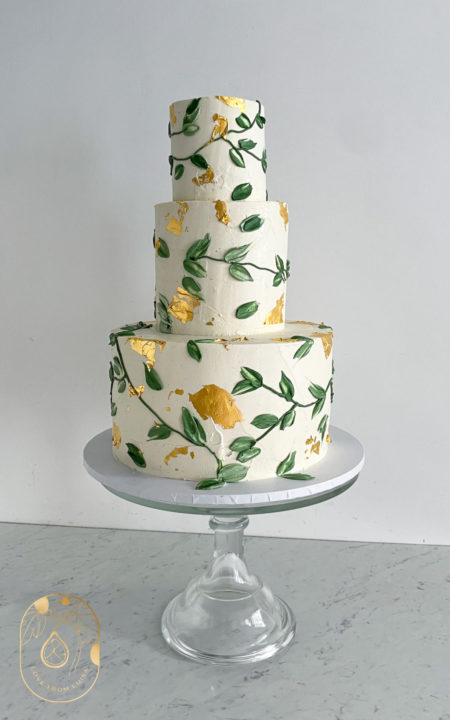 Buttercream Painted Wedding Cake. Hand painted Olive leaves with Gold Leaf