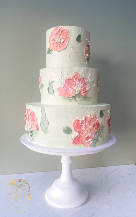 Hand Painted Buttercream Painted Wedding Cake in pink and green