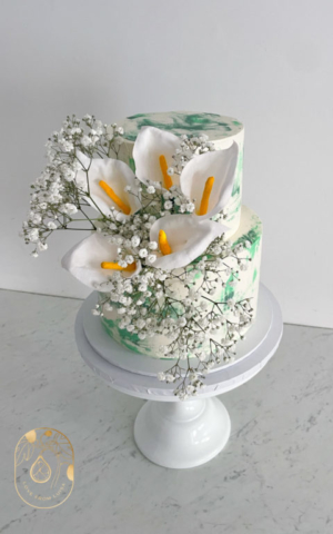 Sage Green Buttercream Painted Two Tier Wedding Cake with handmade Wafer Paper Calla Lilies