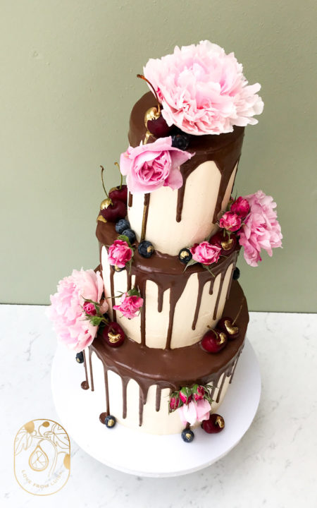 Chocolate Drip Cherry and Peony Three Tier Wedding Cake