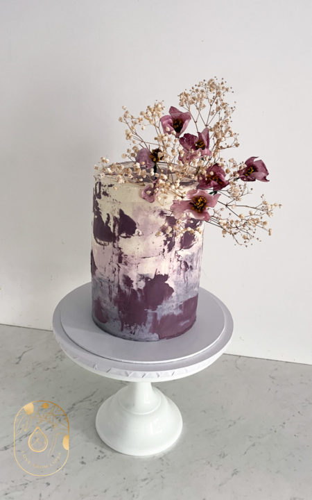 Purple Buttercream Painted Wedding Cake with Wafer Paper Flowers