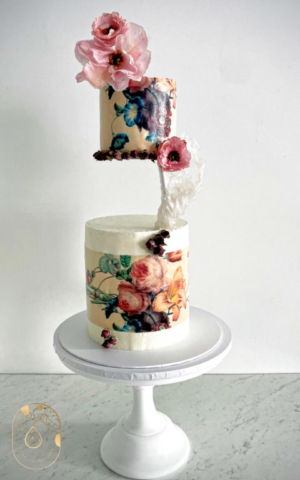 Modern Two-Tier Birthday Cake with Invisible Tier and Rose Print and Wafer Paper Flowers