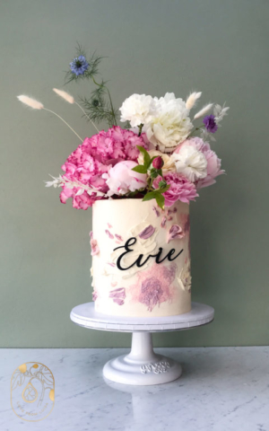 Pink and white Christening Cake - Evie cake charm