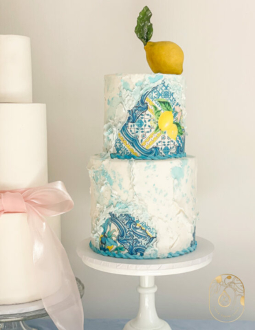 Portuguese tile wedding cake summer wedding cake in blue and yellow