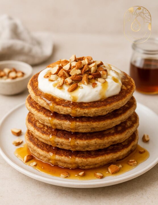 a stack on banana rye sourdough pancakes topped with greek yogurt and almonds